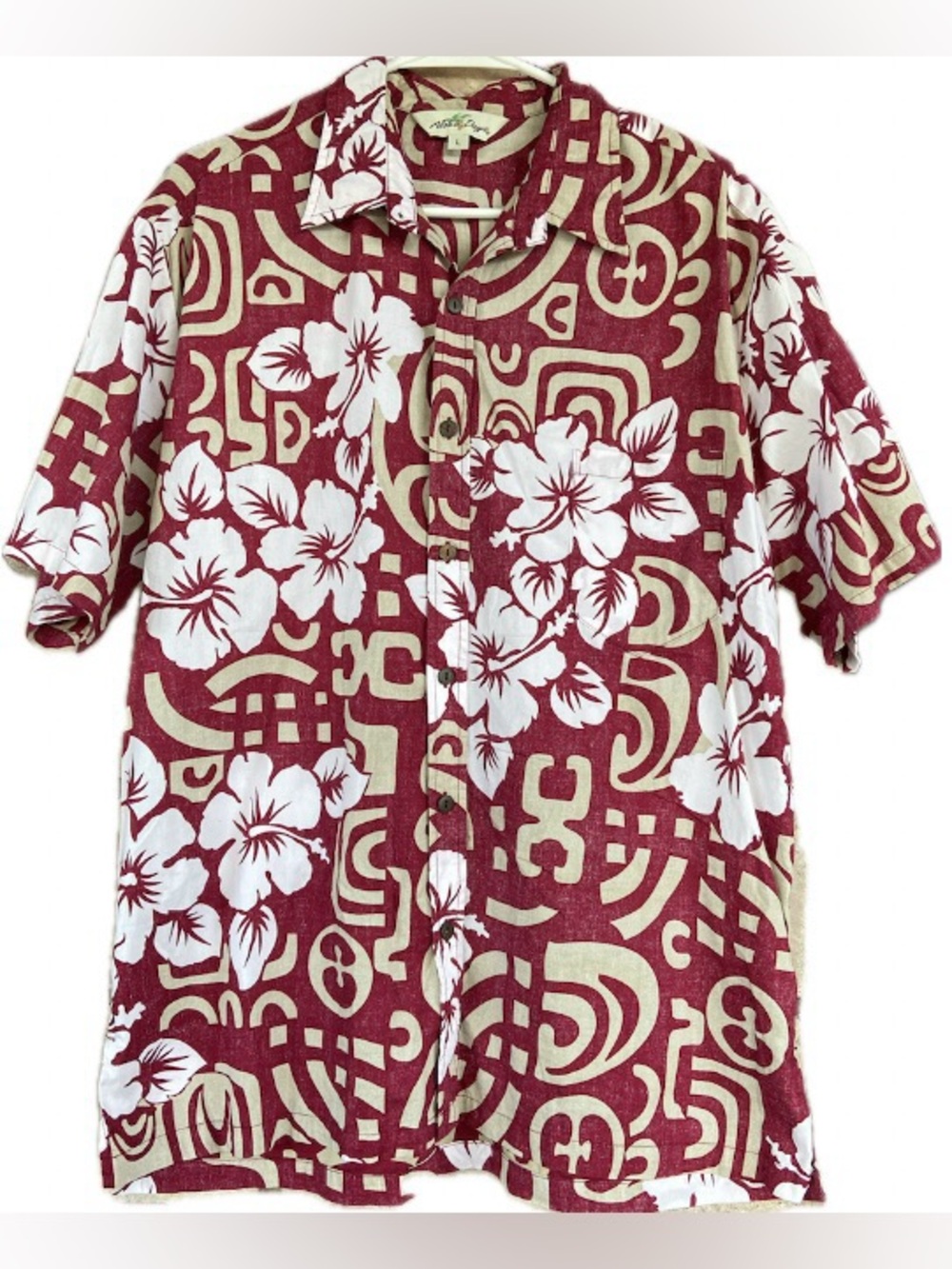 Aloha Days Maroon Red Hibiscus Hawaiian Button Down Shirt Cotton Beach Luaus (L)